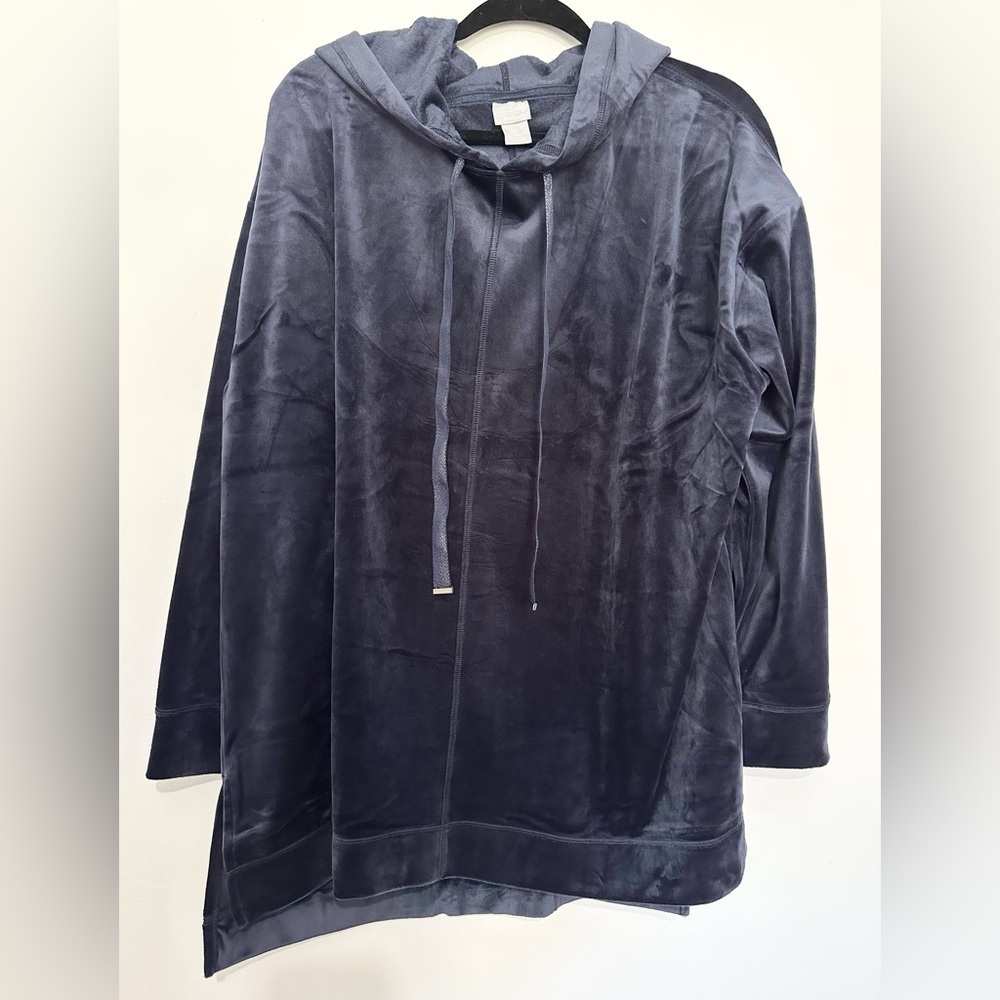 Chicos Zenergy Womens Pullover Top Velour Drawstring Hoodie Lined Black Size 20